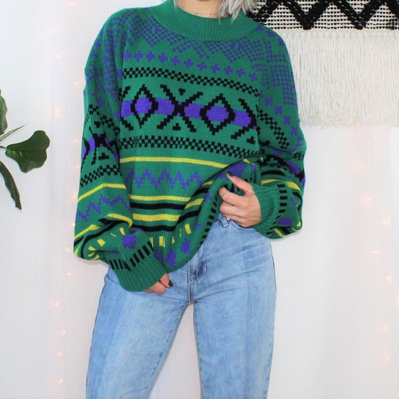 Vintage Sweaters - VTG Claybrooke Oversized Green Grandpa Sweater